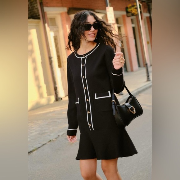 Endless Rose Sweater Dress | Size XS | Black White Trim Gold Button Preppy Mini - Picture 9 of 9